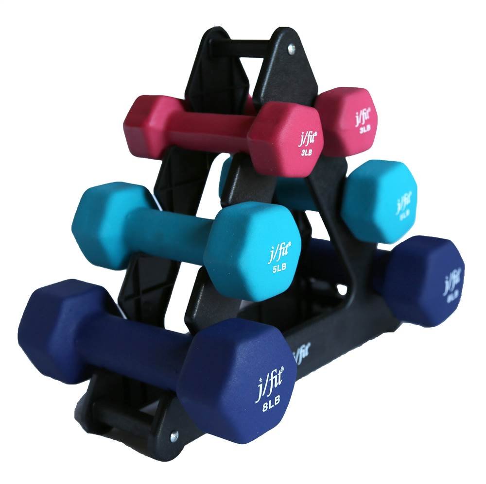 JFIT Dumbbell Set w/Durable Rack, Double Neoprene Coated Workout Weights, Solid Design Rack, 32 LB Set