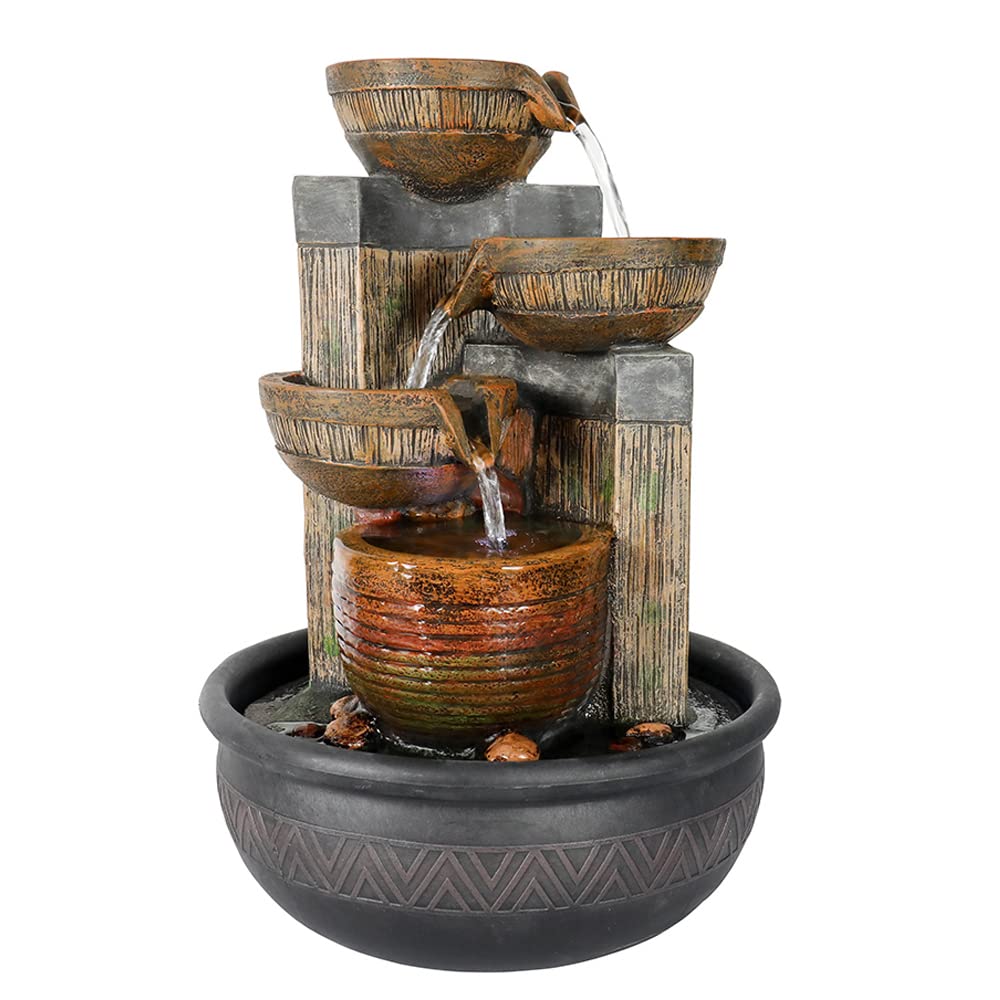 Handunmi 15.7''H 4-Tier Relaxation Indoor Tabletop Waterfall Fountain with LED Lights Desktop Fountains Calming Sound for Home Office Bedroom Decor (Brown, 15.7inch)