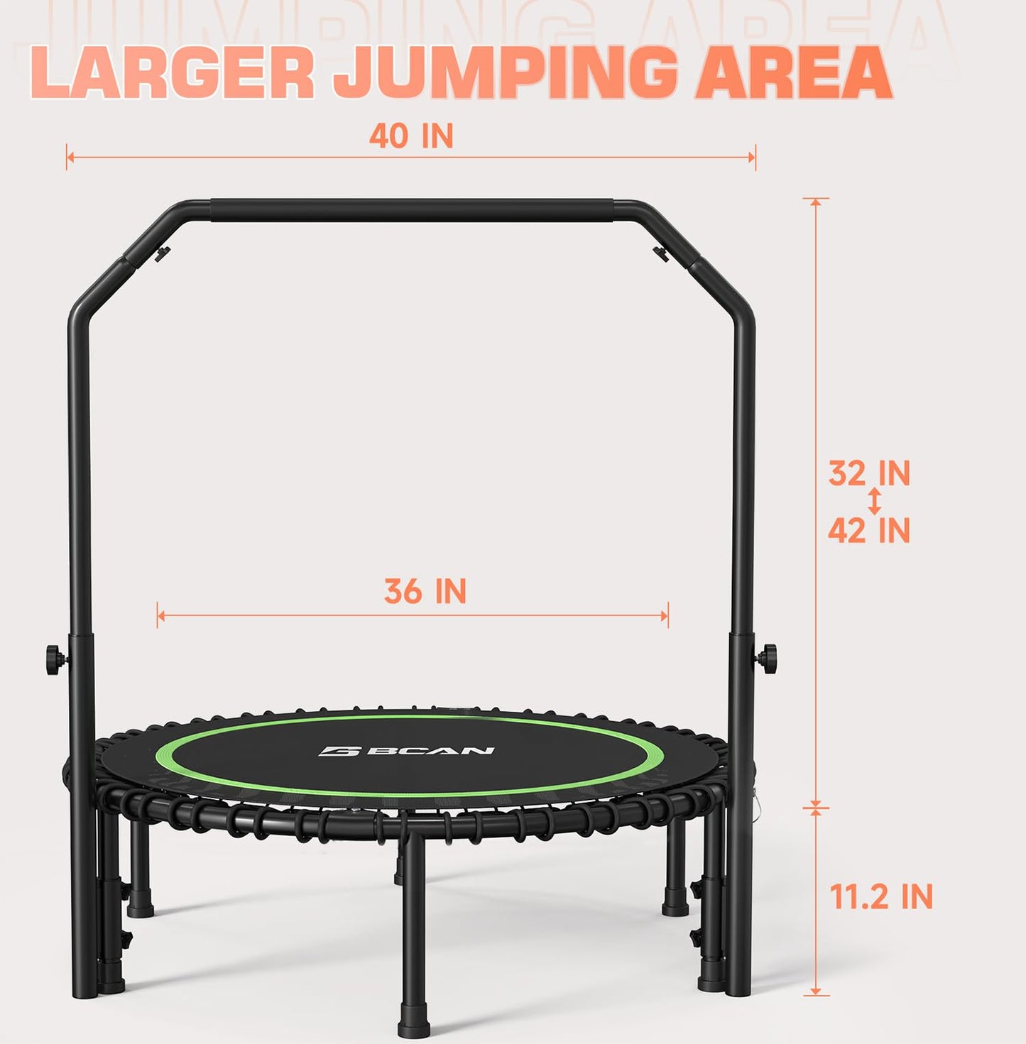 BCAN 450/550 LBS Foldable Mini Trampoline, 40"/48" Fitness Trampoline with Bungees, U Shape Adjustable Foam Handle, Stable & Quiet Exercise Rebounder for Kids Adults Indoor/Garden Workout