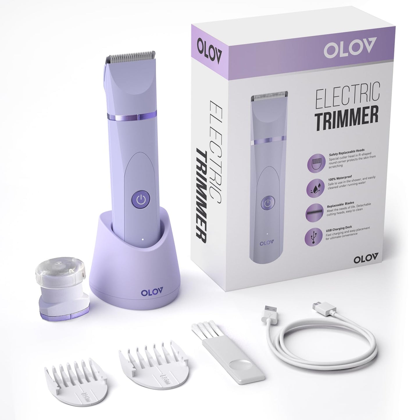 OLOV Electric Body Hair Trimmer - Groin Trimmer for Men - Bikini Trimmer Women - Wet/Dry Shaver Groomer, Replaceable Ceramic Blade Heads, USB Recharge Dock, Waterproof Hygiene Razor,Purple