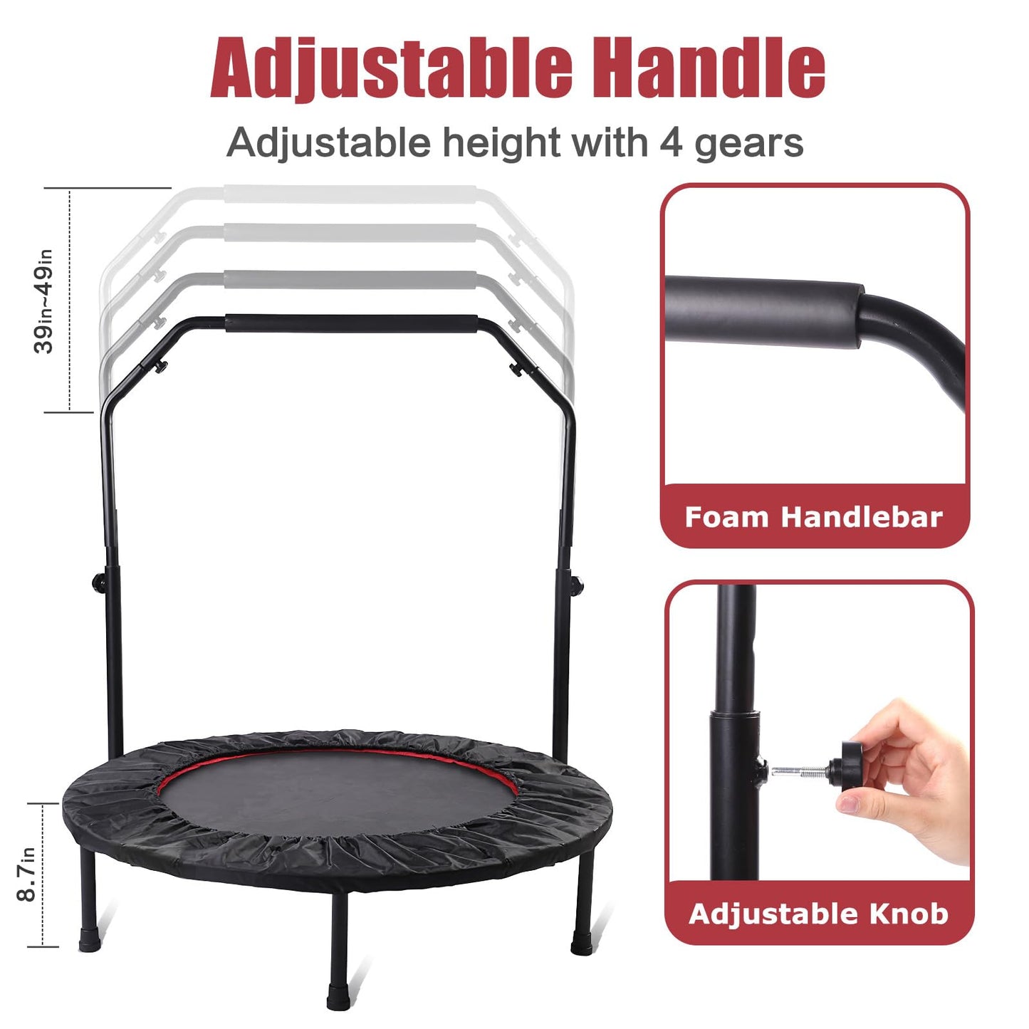 40" & 50" Rebounder Trampoline for Adults – Mini Foldable Fitness Trampoline with Optional Bar, Indoor/Outdoor Use