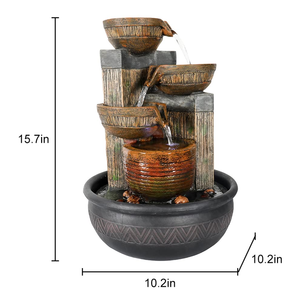 Handunmi 15.7''H 4-Tier Relaxation Indoor Tabletop Waterfall Fountain with LED Lights Desktop Fountains Calming Sound for Home Office Bedroom Decor (Brown, 15.7inch)