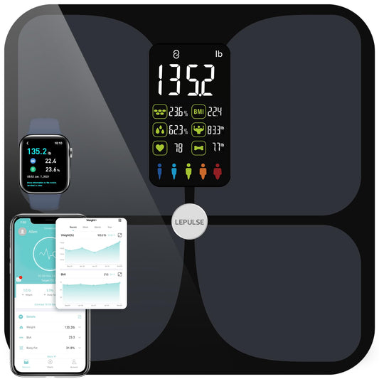 Scale for Body Weight and Fat, Lepulse Large Display Body Fat Scale, High Accurate Weight Scale Digital Bluetooth Bathroom Scale for BMI Heart Rate, 15 Body Composition Analyzer Sync with Fitness App