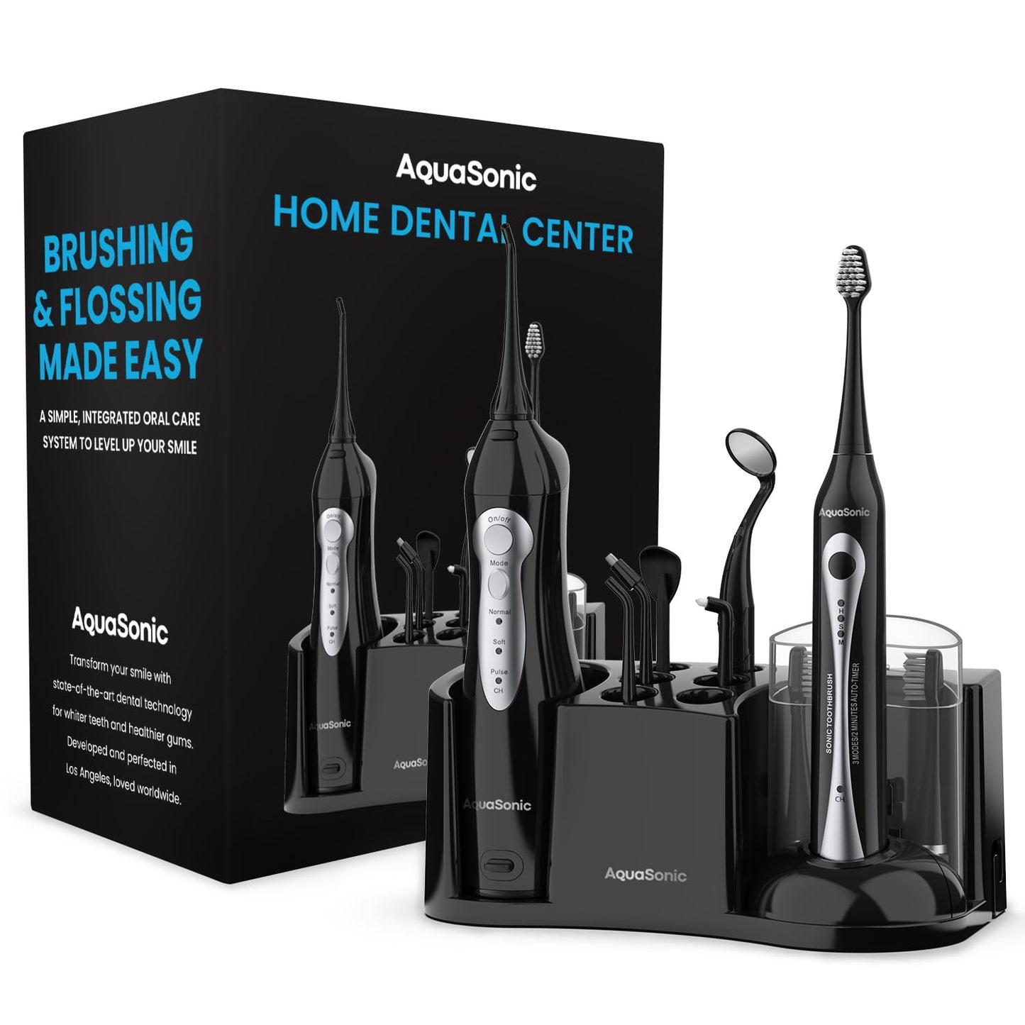 AquaSonic Home Dental Center Rechargeable Power Toothbrush & Smart Water Flosser - Complete Family Oral Care System - 10 Attachments and Tips Included - Various Modes & Timers (Black)