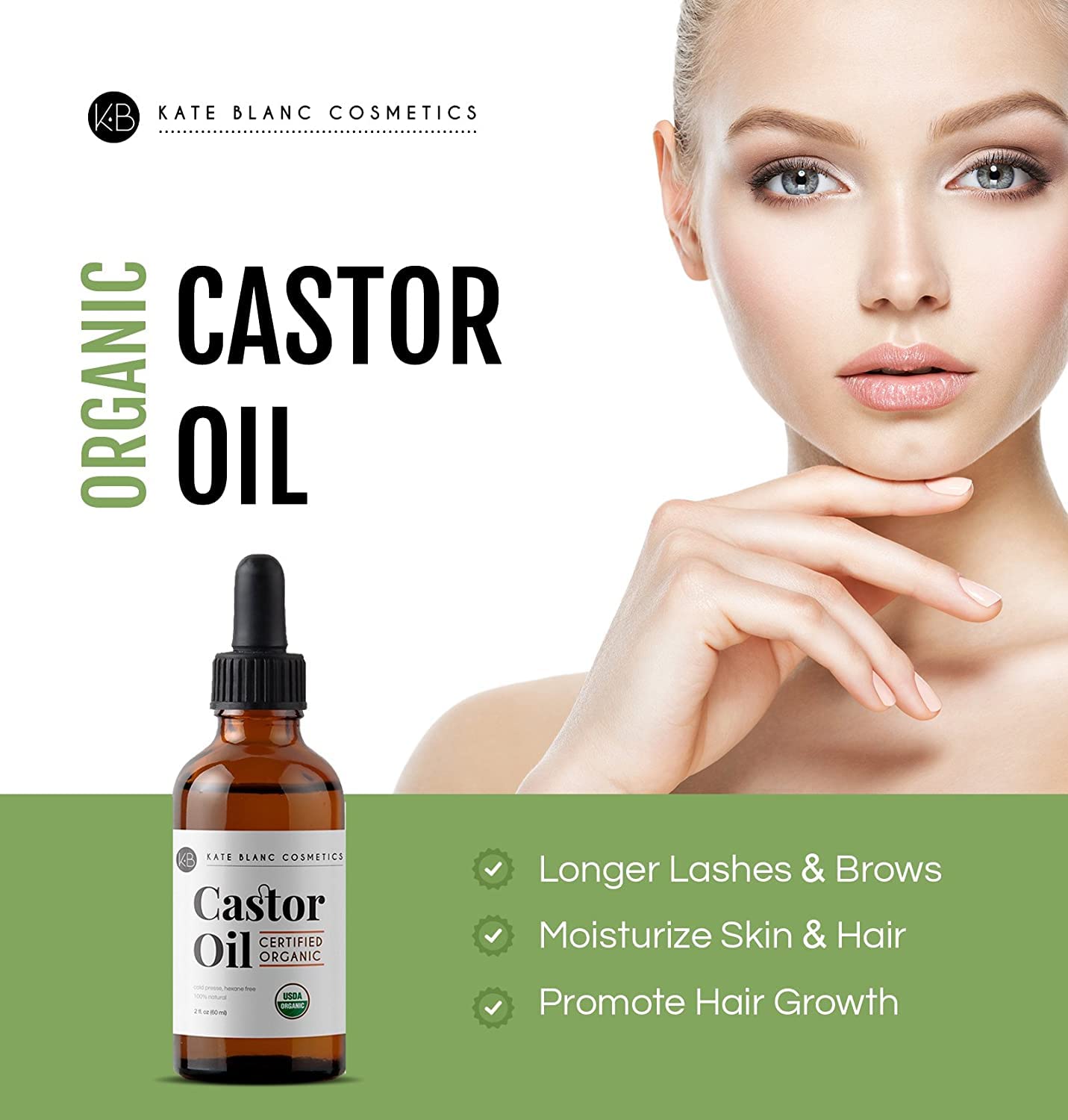 Kate Blanc Cosmetics Castor Oil Organic (2oz), 100% Pure, Cold Pressed, Hexane Free. Stimulate Growth for Hair, Eyelashes, Eyebrows. Hair Treatment Starter Kit & Skin Moisturizer