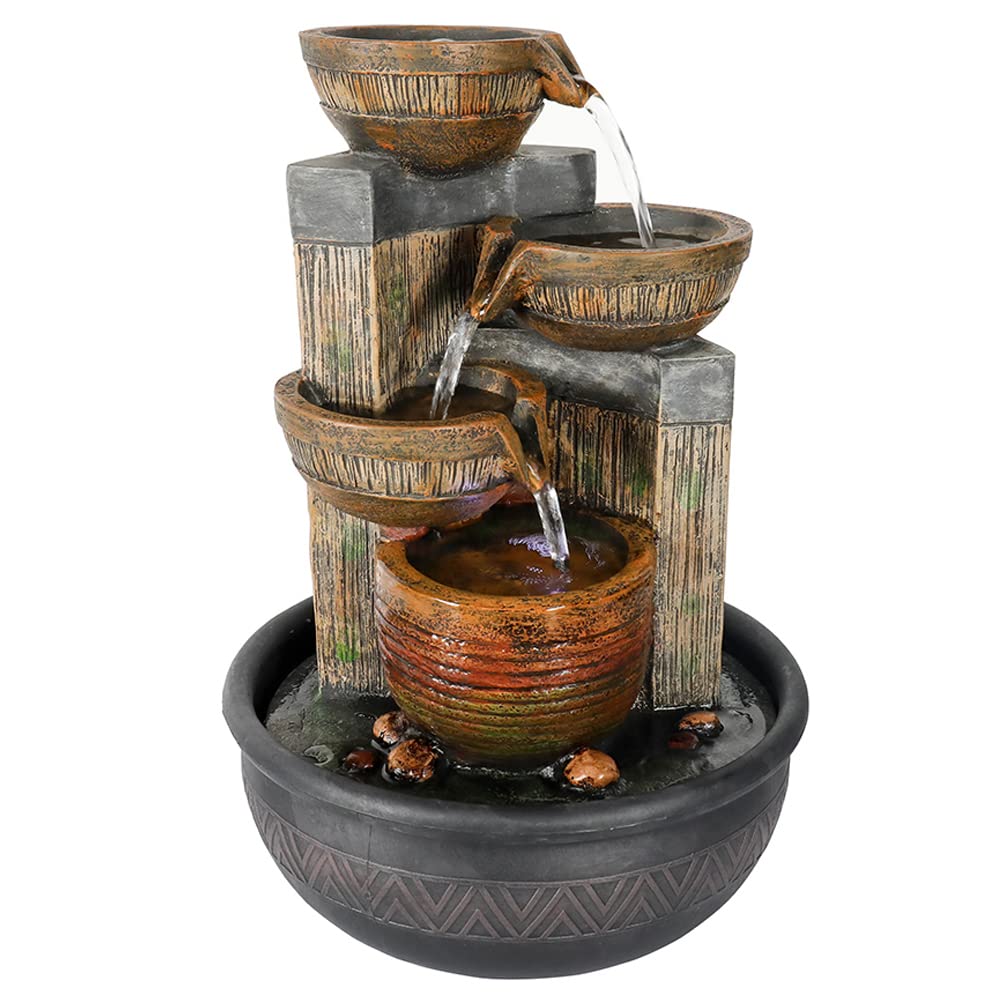 Handunmi 15.7''H 4-Tier Relaxation Indoor Tabletop Waterfall Fountain with LED Lights Desktop Fountains Calming Sound for Home Office Bedroom Decor (Brown, 15.7inch)