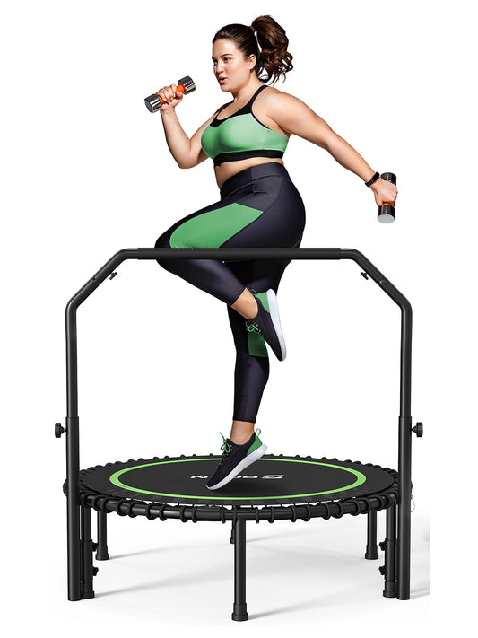 BCAN 450/550 LBS Foldable Mini Trampoline, 40"/48" Fitness Trampoline with Bungees, U Shape Adjustable Foam Handle, Stable & Quiet Exercise Rebounder for Kids Adults Indoor/Garden Workout