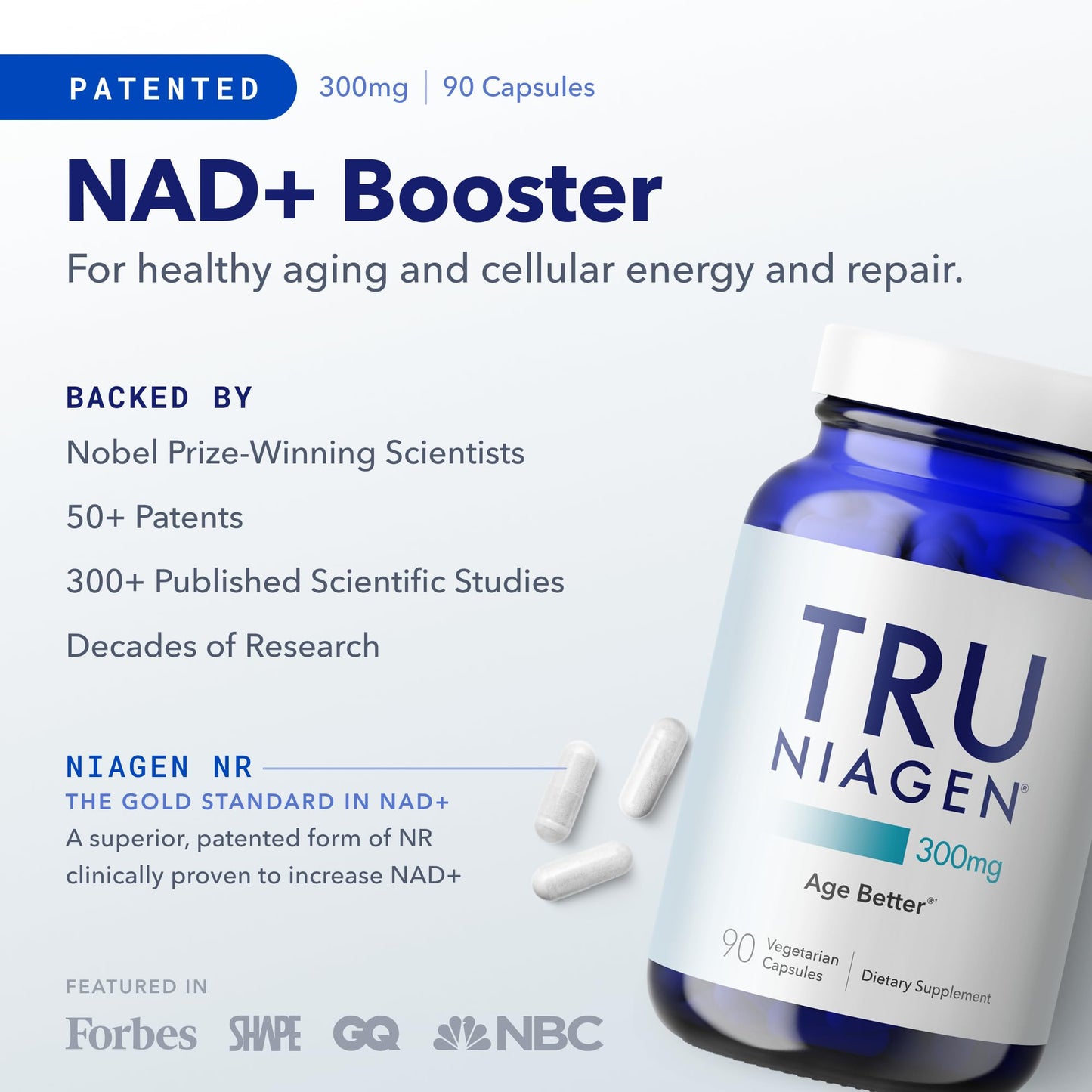 TRU NIAGEN Patented NAD+ Supplement for Anti Aging and Cell Regeneration, 300 mg Niagen, 90 Servings | Supports Cellular Energy, Brain, Muscle | Nicotinamide Riboside (NR) Take 1 Daily | 1 Bottle