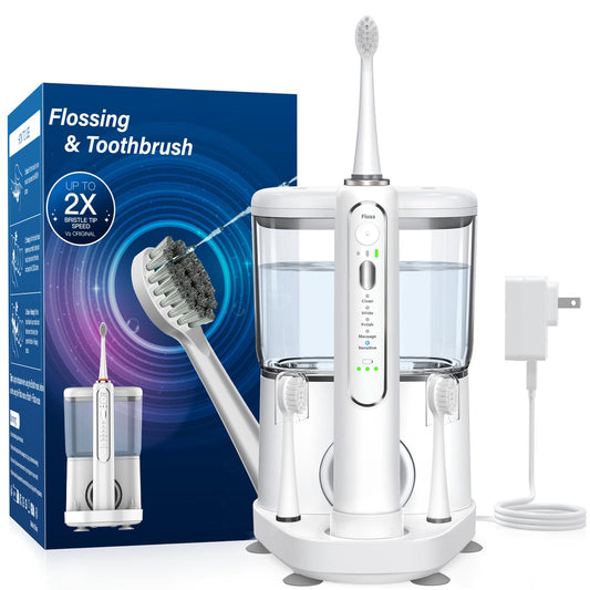 Electric Toothbrush with Water Flosser - Wireless Charging 3 in 1 Flossing Toothbrush - 500ML Professional Cordless Brush and Flosser in One - 5 Brush Modes & 3 Floss Speed (White)