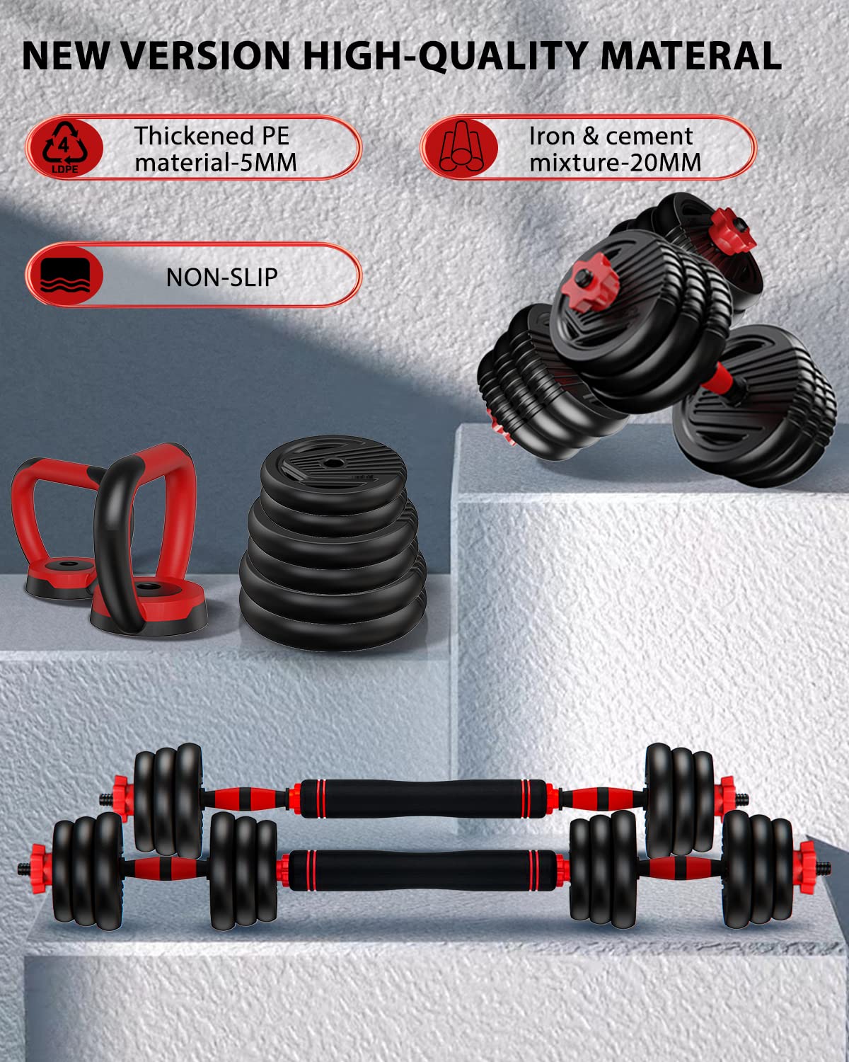 UNNMIIY Adjustable Dumbbell,10/20/35/45/70/90/110lbs Free Weight Set with Connector,4 in1 Dumbbell Used as Barbell,Kettlebells,Push up Stand,Fitness Exercises Home Gym Men/Women(45LBS(22.5LBS PAIR))