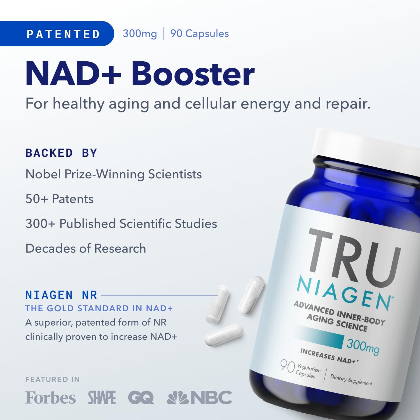 TRU NIAGEN Patented NAD+ Supplement for Anti Aging and Cell Regeneration, 300 mg Niagen, 90 Servings | Supports Cellular Energy, Brain, Muscle | Nicotinamide Riboside (NR) Take 1 Daily | 2 Bottles