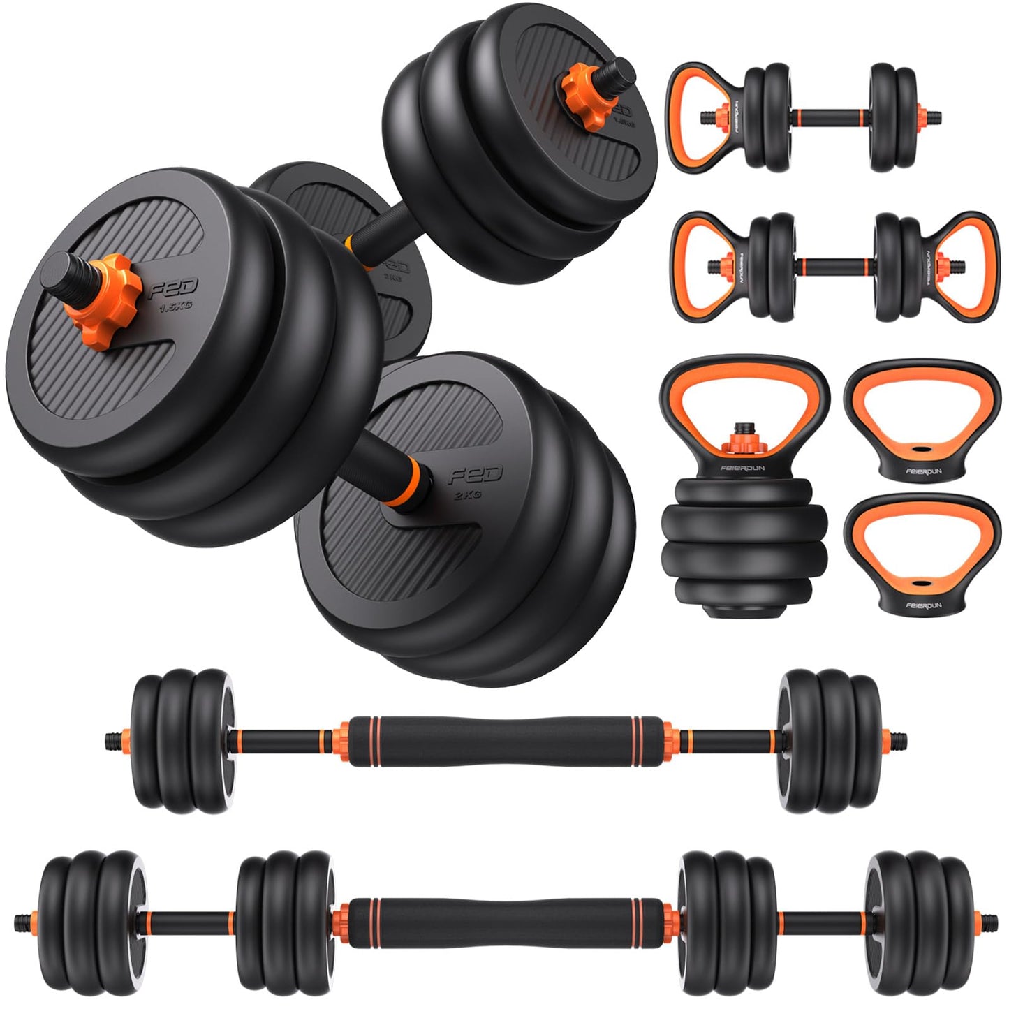 FEIERDUN Adjustable Dumbbells, 45lbs Free Weight Set with Connector, 4 in1 Dumbbells Set Used as Barbell, Kettlebells, Push up Stand, Fitness Exercises for Home Gym Suitable Men/Women