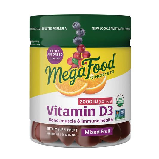 MegaFood Vitamin D3 Gummies 2000 IU (50 mcg) - Vitamin D Gummies Mixed Fruit Flavor, Bone, Muscle & Immune Support Supplement, Vegetarian, Gluten-Free, USDA Organic – 70 Gummies, 35 Servings