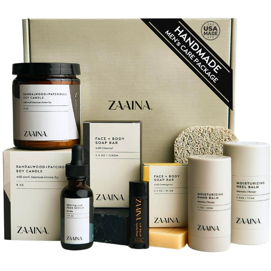 Men's Self Care Package, Relaxation Spa Gift Set for Him - Luxury Natural Handmade Men Skin Care Kit with Sandalwood Candle, Unique Self Care Gift for Men, Christmas Gifts for Men, Men's Skin Care Set by ZAAINA