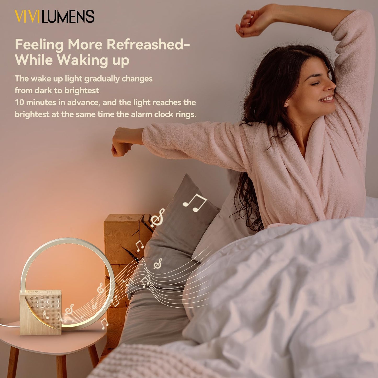 Vivilumens Sunrise Alarm Clock for Heavy Sleepers Adults, Wake-up Light, Sleep Aid 10 White Noise Sound Machines with 30/60/90 Timer, 3 Level Dimmable Touch Table Lamp with Snooze USB Charger Port