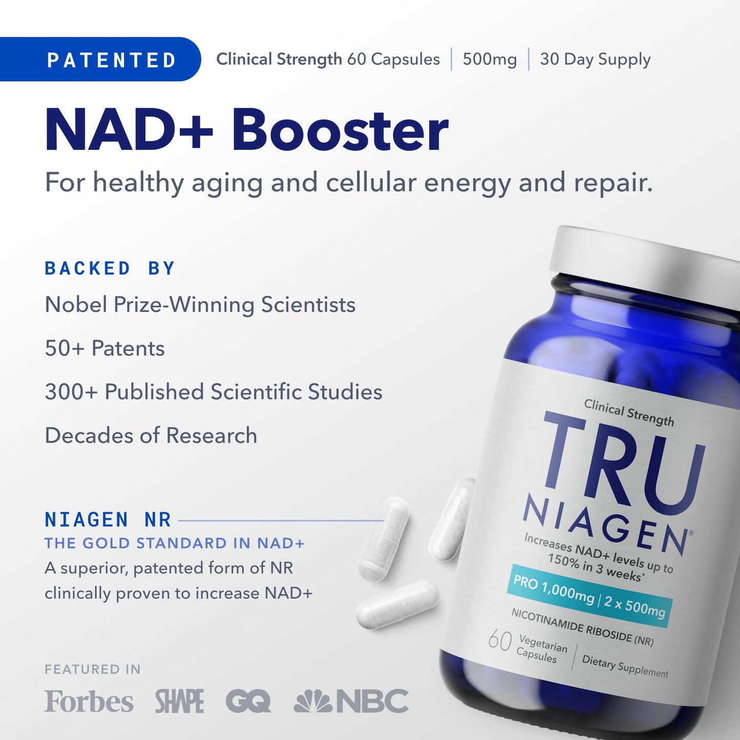 TRU NIAGEN PRO NAD+ Supplement for Anti Aging and Cell Regeneration, 1000 mg Patented Niagen, 30 Servings | Supports Cellular Energy | Nicotinamide Riboside (NR) Daily Supplements for Men and Women