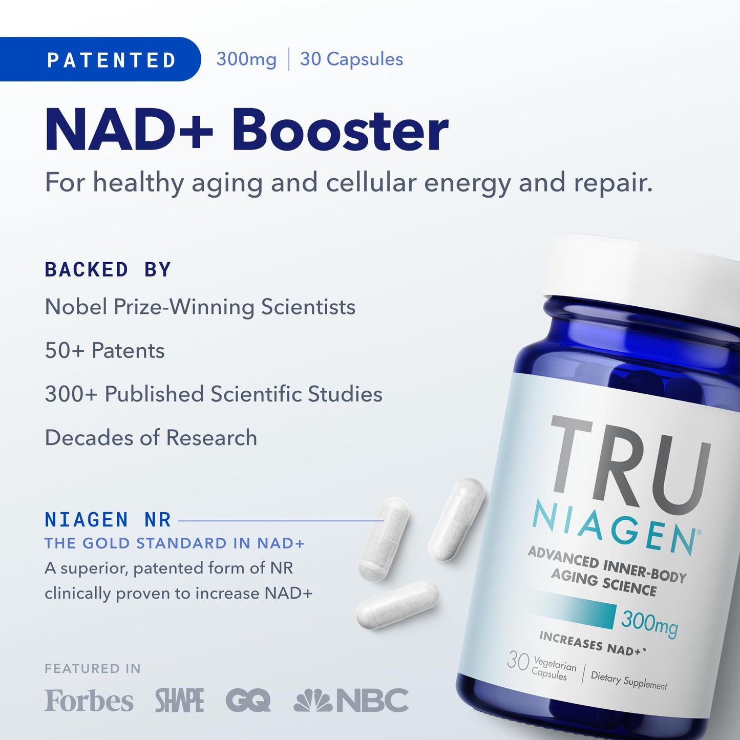 TRU NIAGEN Patented NAD+ Supplement for Anti Aging and Cell Regeneration, 300 mg Niagen, 30 Servings | Supports Cellular Energy, Brain, Muscle | Nicotinamide Riboside (NR) Take 1 Daily | 2 Bottles