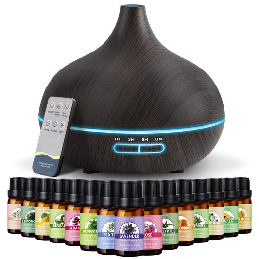 SACATR 550ml Oil Diffuser with 15x10mL Essential Oils, Essential Oil Diffusers with Remote Control, Aromatherapy Diffuser with Ultrasonic Technology for Home Office