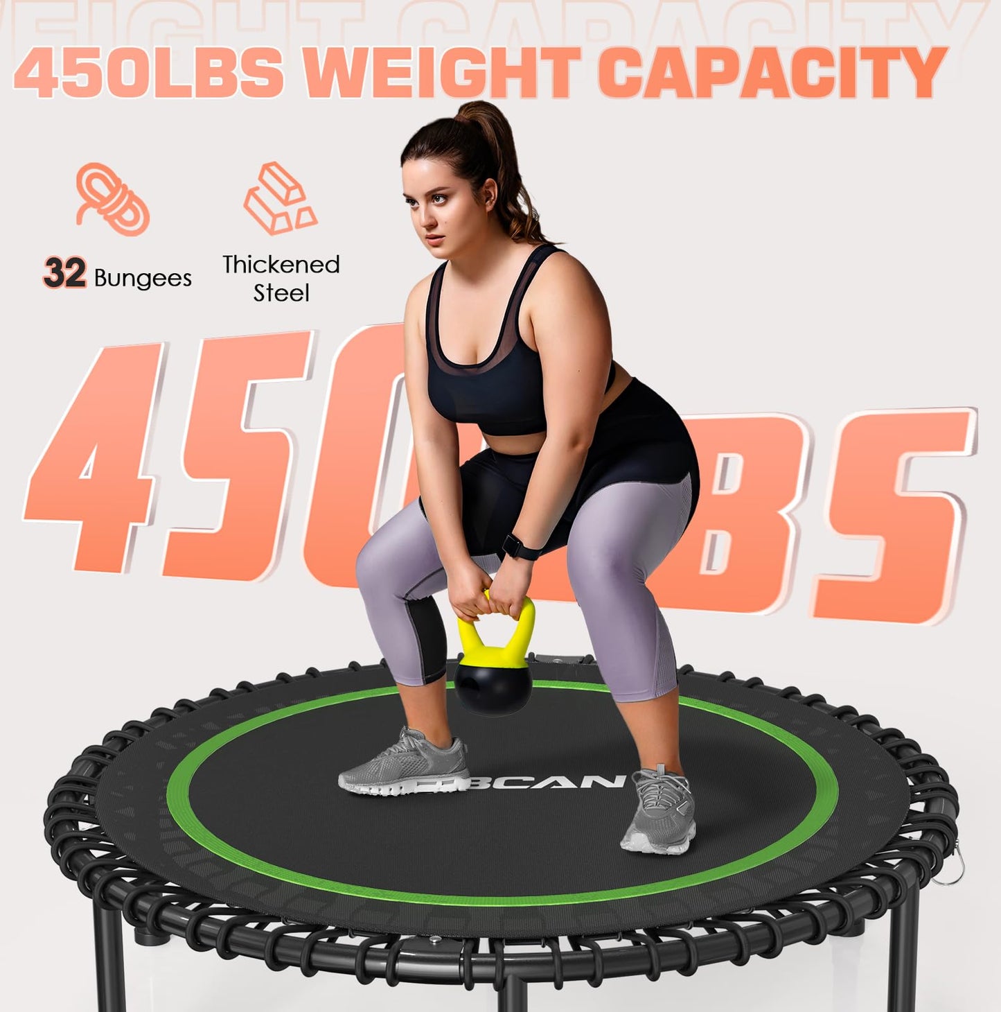 BCAN 450/550 LBS Foldable Mini Trampoline, 40"/48" Fitness Trampoline with Bungees, U Shape Adjustable Foam Handle, Stable & Quiet Exercise Rebounder for Kids Adults Indoor/Garden Workout