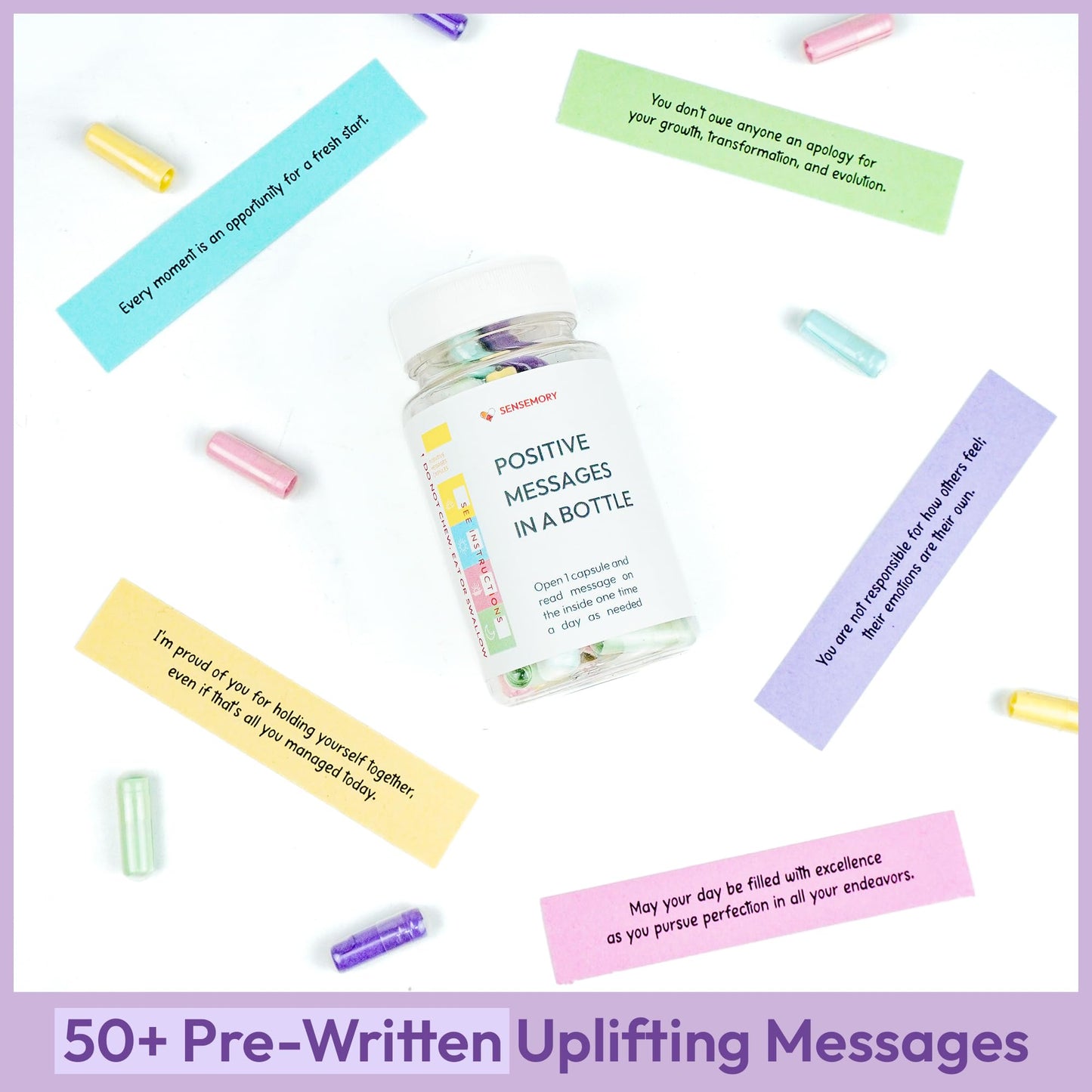 50 Pre-Written Positive Messages in a Bottle, Adult Stress Relief Gifts, Teacher Gifts, Positive Affirmation Gifts for Women, Thanksgiving Gifts, Self Care Kit Mediation, Unique Health Wellness Gifts