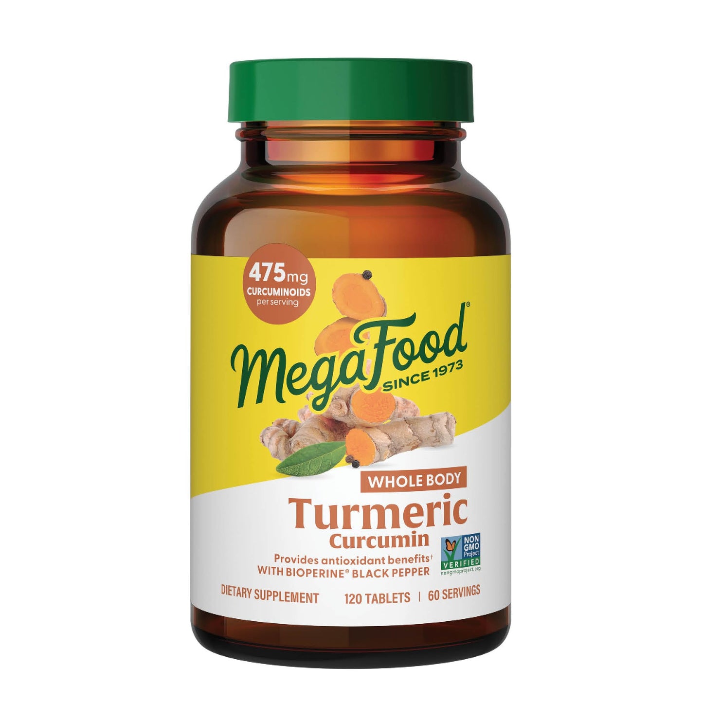 MegaFood Turmeric Curcumin Extra Strength - Whole Body - Turmeric Curcumin with Black Pepper - 475mg Curcuminoids - Holy Basil, Tart Cherry - Made Without 9 Food Allergens - 120 Tabs (60 Servings)