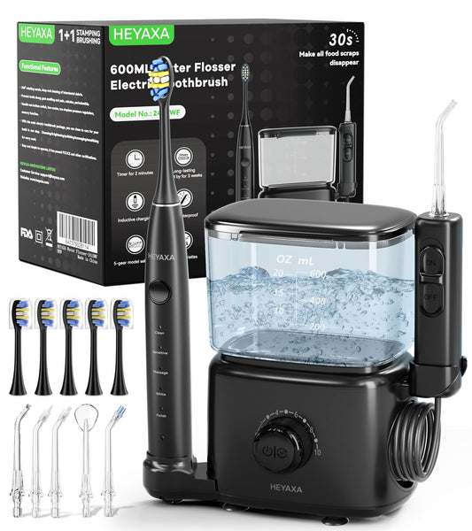 Professional Water Flosser & Electric Toothbrush Combo, 600ML Home Use Oral Irrigator for 10 Adjustable Water Pressure, 2 Cleaning Modes, 1+1 Brushing & Flossing for Complete Oral Care (Black)