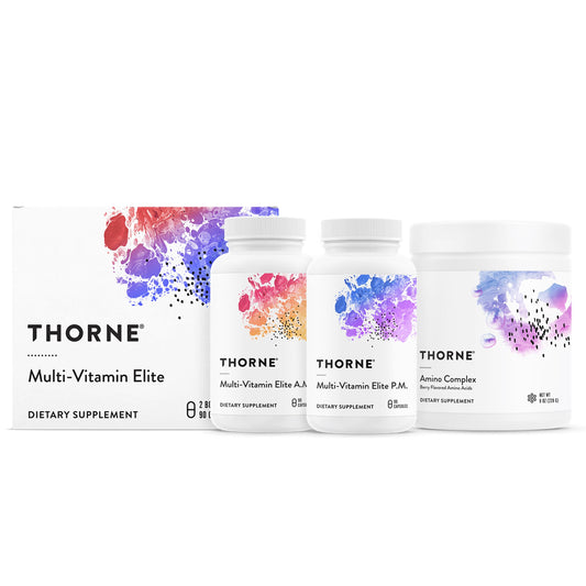 THORNE Multi-Vitamin Elite AM & PM (180 Capsules) & Amino Complex (Berry, 8 Oz) Bundle - Supports Energy Production & Athletic Performance - Gluten Free, Soy Free, Dairy Free