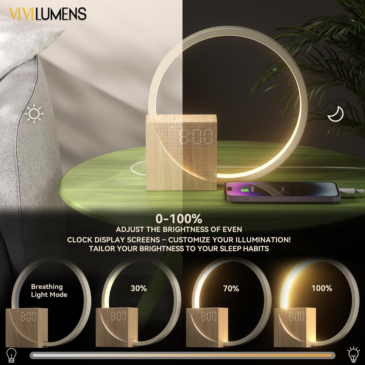 Vivilumens Sunrise Alarm Clock for Heavy Sleepers Adults, Wake-up Light, Sleep Aid 10 White Noise Sound Machines with 30/60/90 Timer, 3 Level Dimmable Touch Table Lamp with Snooze USB Charger Port