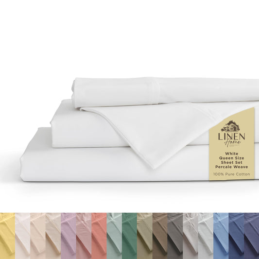 Linen Home 100% Cotton Percale Sheets Queen Size, White, Deep Pocket, 4 Pieces Set - 1 Flat, 1 Deep Pocket Fitted Sheet and 2 Pillowcases, Crisp Cool and Strong Bed Linen