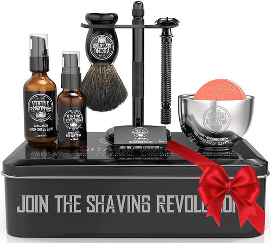 Viking Revolution Luxury Safety Razor Shaving Kit - Includes Double Edge Safety Razor, Stand, Bowl, After-Shave Balm, Pre-Shave Oil, Badger Brush - Safety Razor Kit