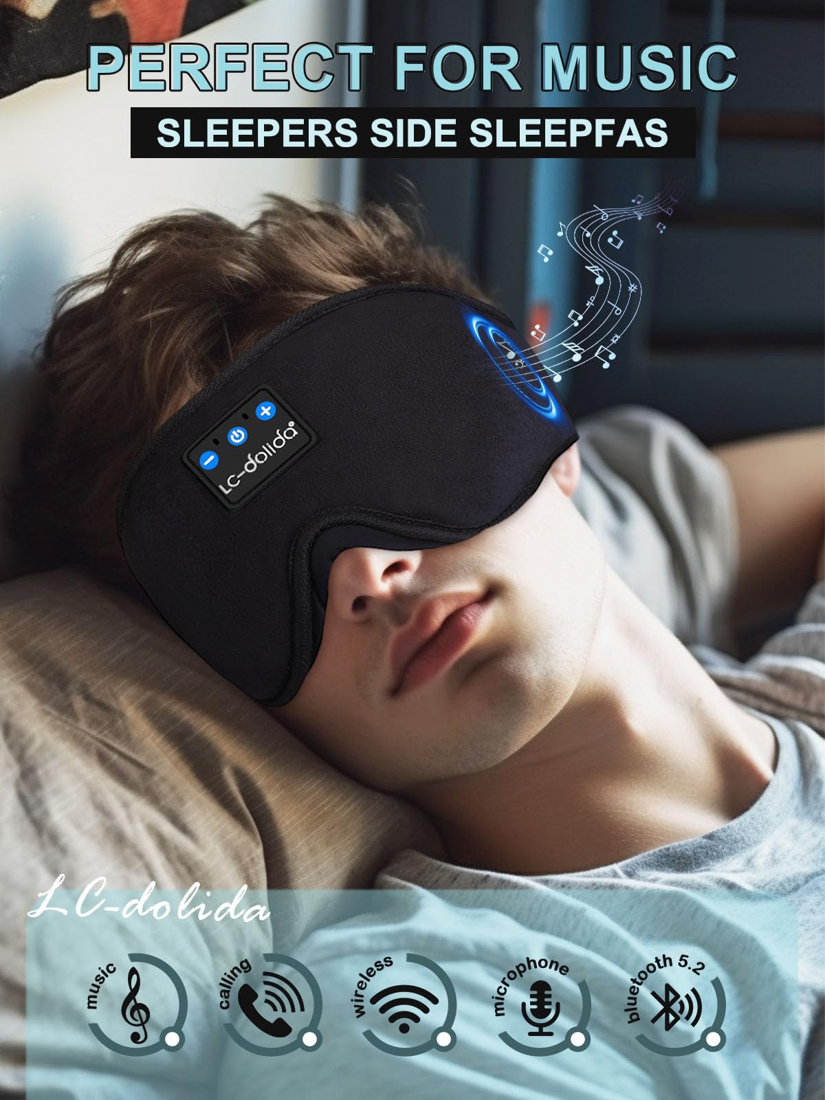 LC-dolida Sleep Headphones, 3D Sleep Mask Bluetooth Wireless Music Eye Mask, Sleeping Headphones for Side Sleepers Sleep Mask with Bluetooth Headphones Ultra-Thin Stereo Speakers Perfect for Sleeping