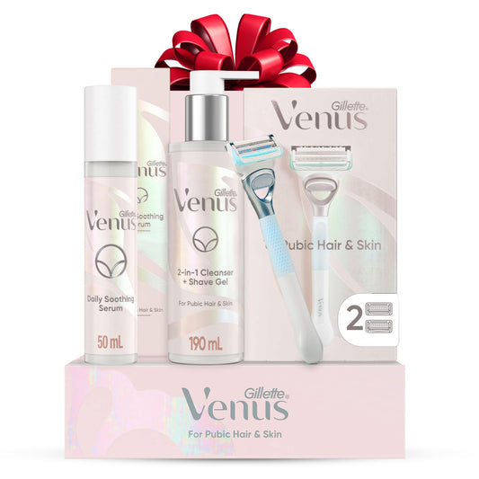 Gillette Venus for Pubic Hair and Skin, Holiday Gift Set With 1 Razor Handle + 2 Blade Refills, 2-in-1 Cleanser + Shave Gel and Daily Soothing Serum