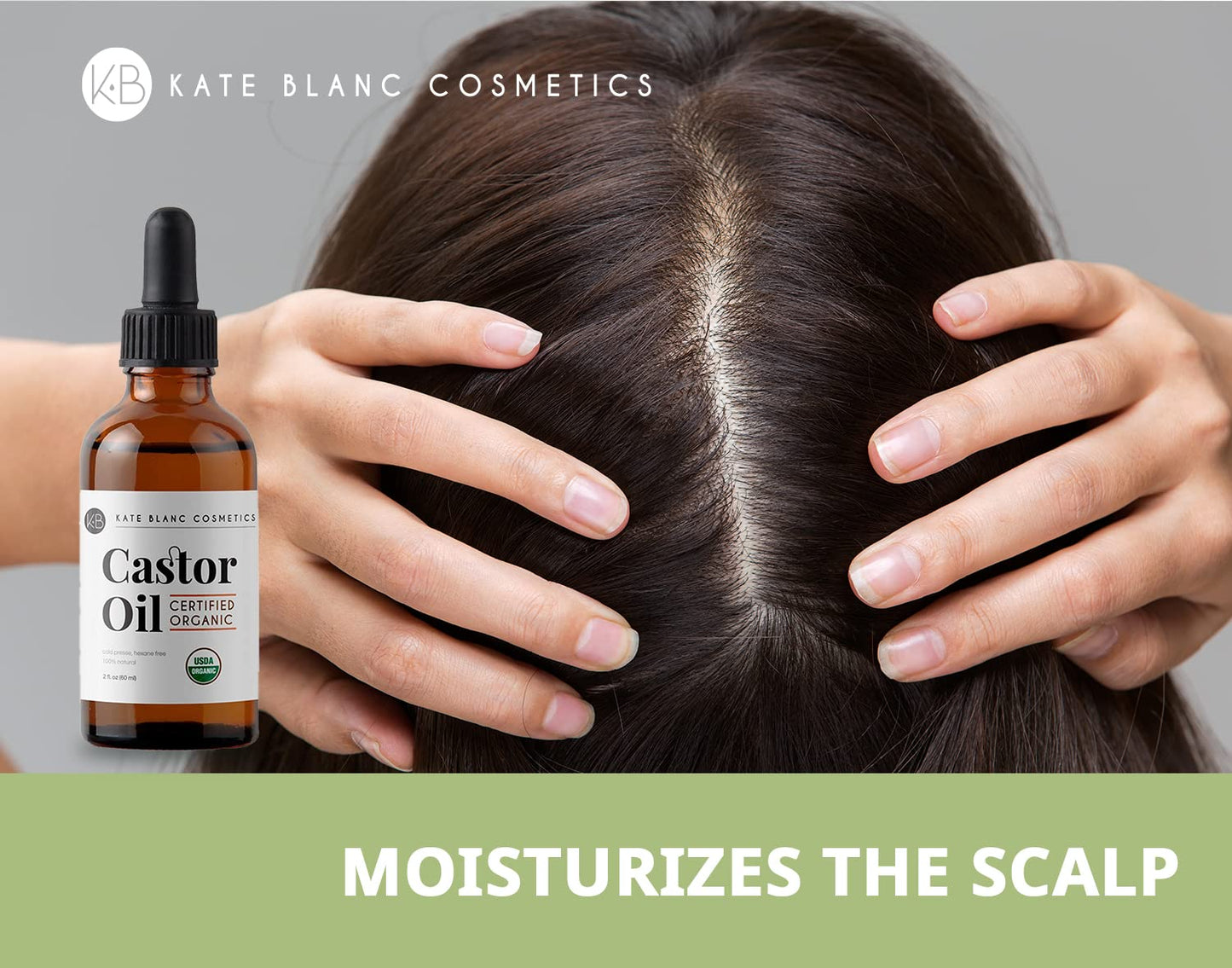 Kate Blanc Cosmetics Castor Oil Organic (2oz), 100% Pure, Cold Pressed, Hexane Free. Stimulate Growth for Hair, Eyelashes, Eyebrows. Hair Treatment Starter Kit & Skin Moisturizer