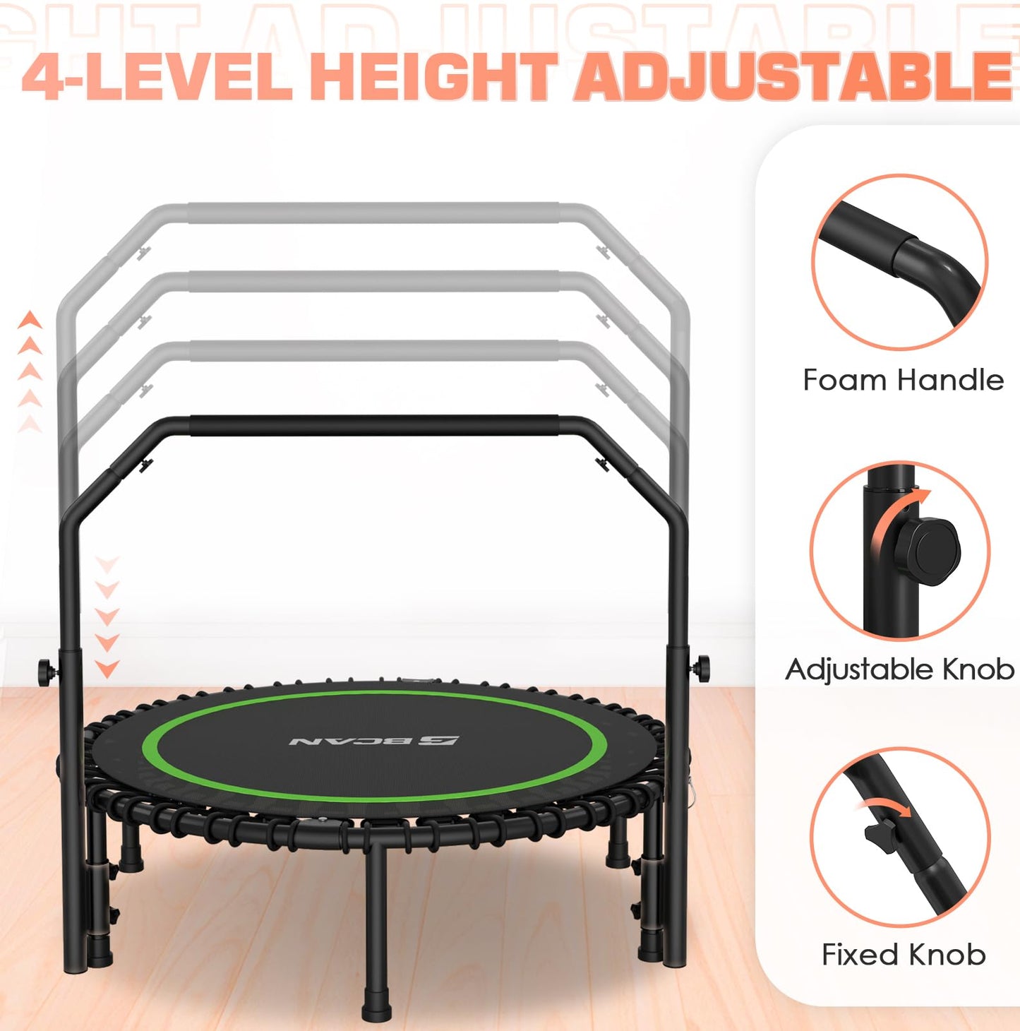 BCAN 450/550 LBS Foldable Mini Trampoline, 40"/48" Fitness Trampoline with Bungees, U Shape Adjustable Foam Handle, Stable & Quiet Exercise Rebounder for Kids Adults Indoor/Garden Workout