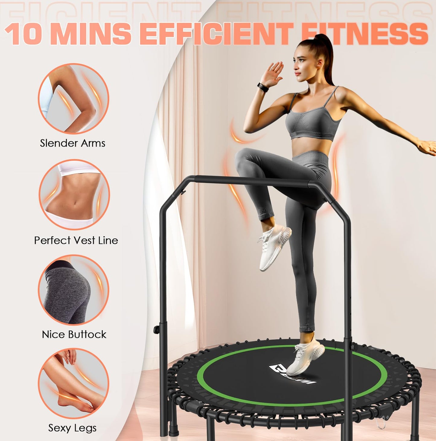 BCAN 450/550 LBS Foldable Mini Trampoline, 40"/48" Fitness Trampoline with Bungees, U Shape Adjustable Foam Handle, Stable & Quiet Exercise Rebounder for Kids Adults Indoor/Garden Workout