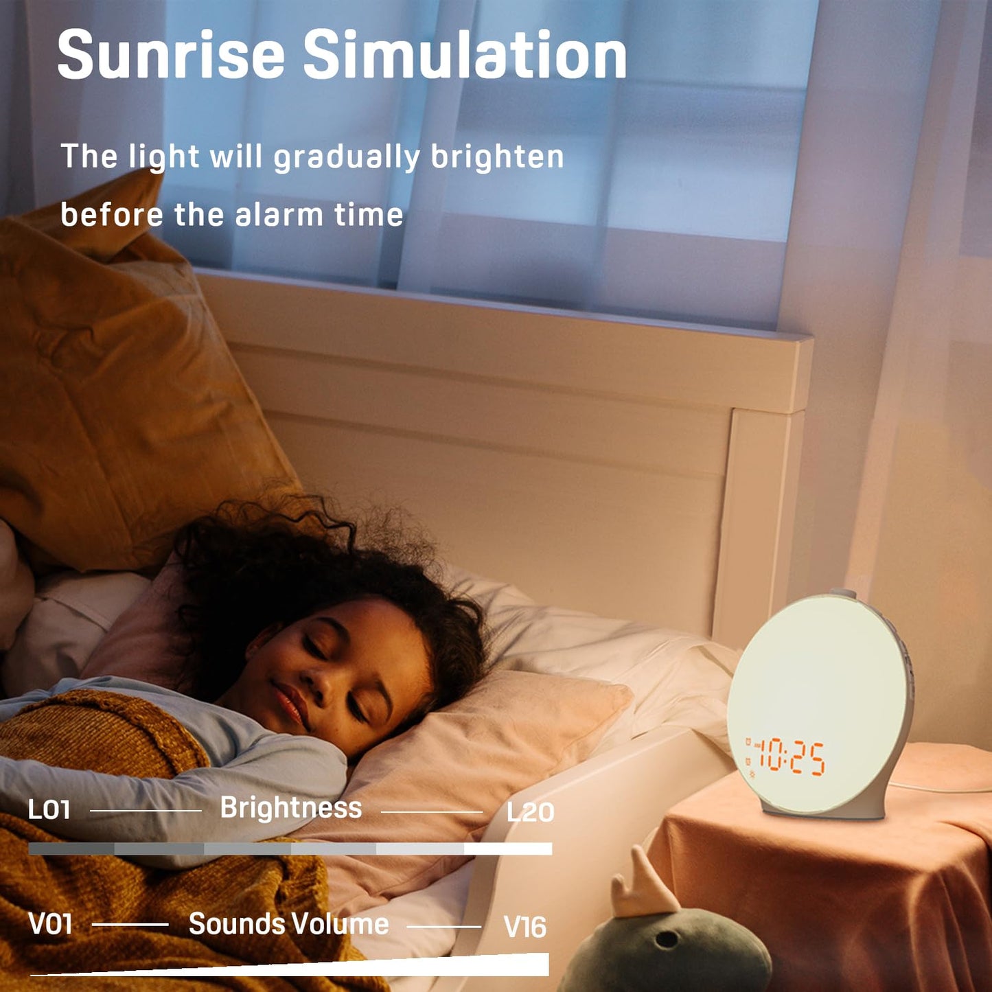 Wake Up Light Sunrise Alarm Clock for Kids, Heavy Sleepers, Bedroom, with Sunrise Simulation, Sleep Aid, Dual Alarms, FM Radio, Snooze, Nightlight, Daylight, 7 Colors, 7 Natural Sounds, Ideal for Gift