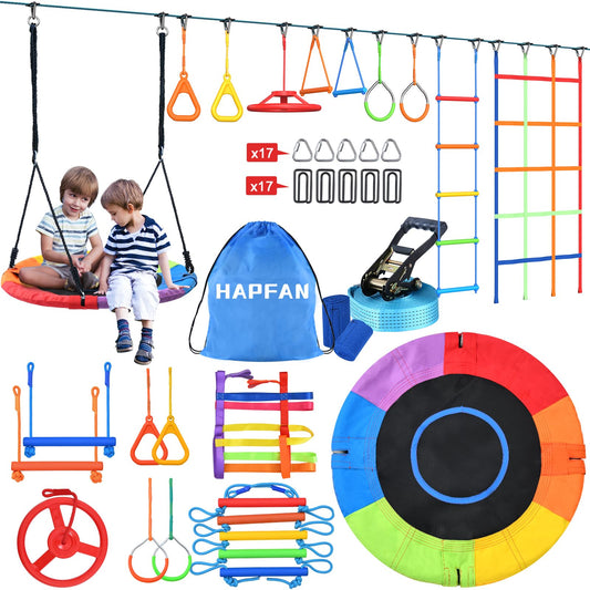 Hapfan 50 FT Ninja Warrior Obstacle Course for Kids with Swing, Weather-Proof Ninja Rope Course for Kids Outside with 10 Accessorries, Outdoor Playset Backyard with Monkey Bars