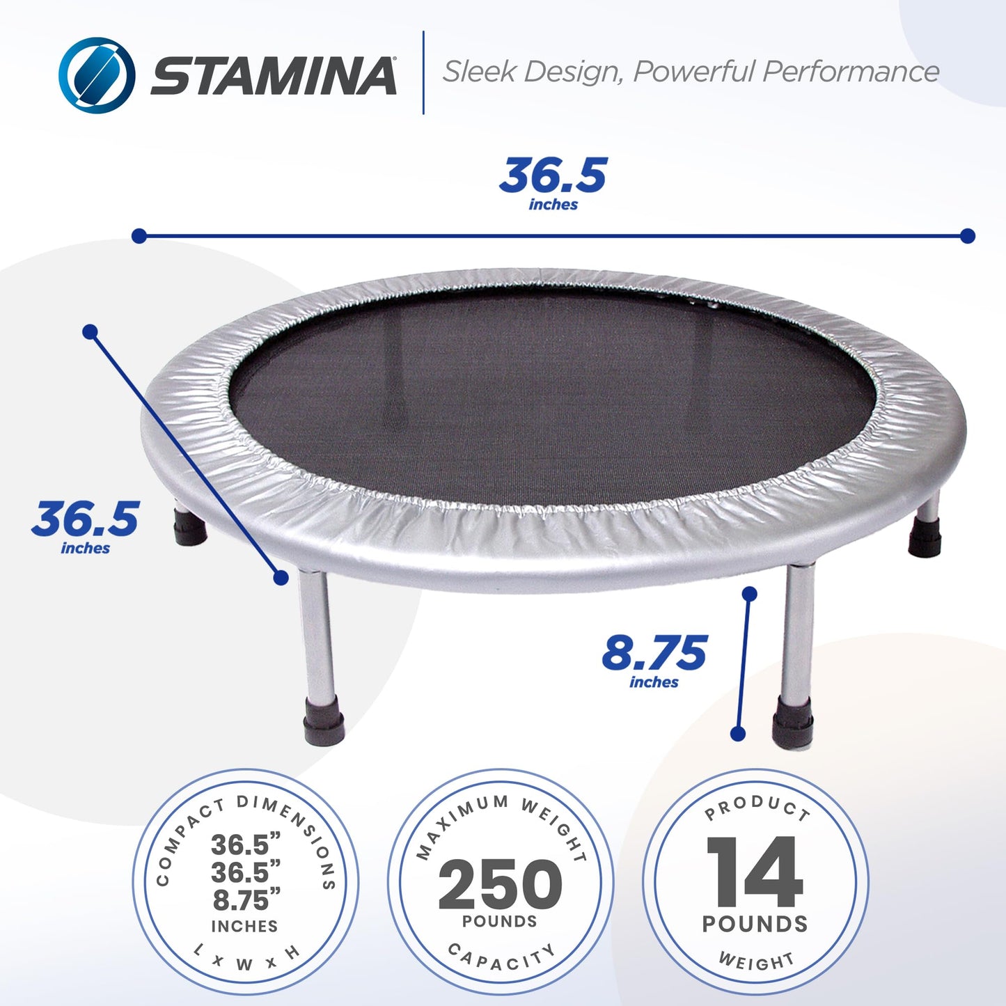 Stamina 36 Inch Durable Rugged Steel Frame Folding Trampoline with MUUV Coaching Audio App and 250 Pound Weight Capacity, Gray