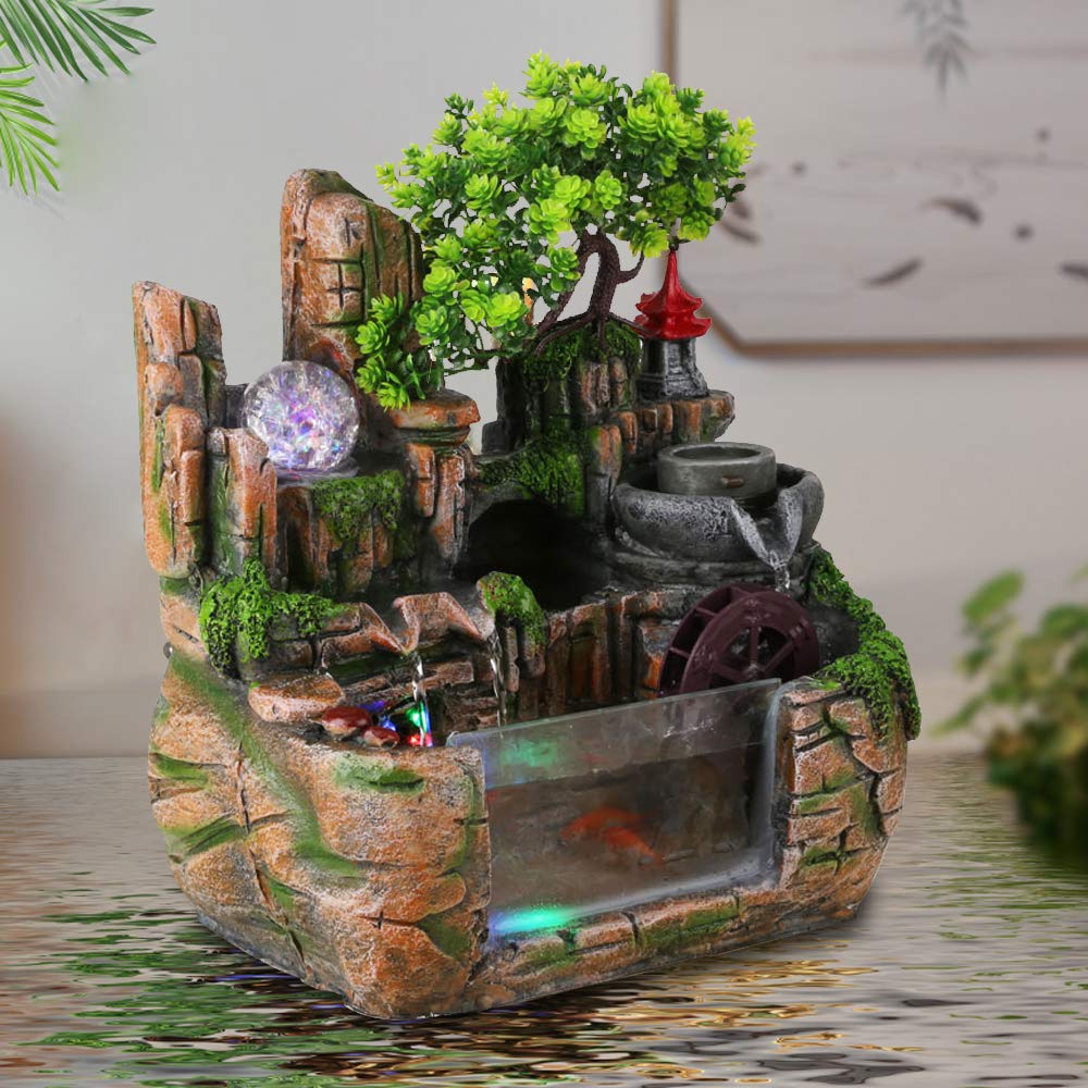 Rockery Desktop Water Fountain Decor - Indoor Outdoor Tabletop Decorative Waterfall Kit Water Fountain Desktop Chinese Fengshui Lamp Waterfall Office Home Decor