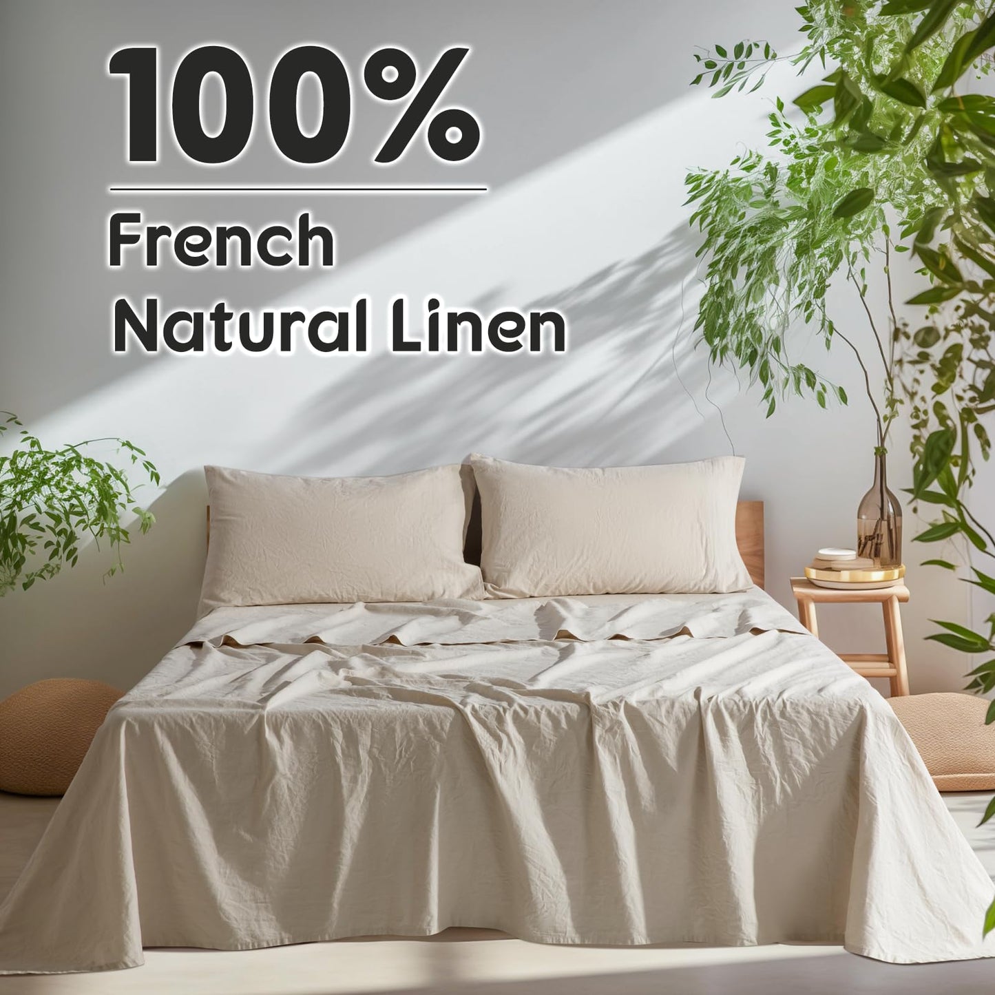 SONORO KATE 100% French Pure Linen Sheets, Breathable and Durable Line King Size Sheets, Anti-Tear Line Bed Sheets, Machine Washable, 16 Inch Deep Pocket - 4 Piece (Natural Linen, King)