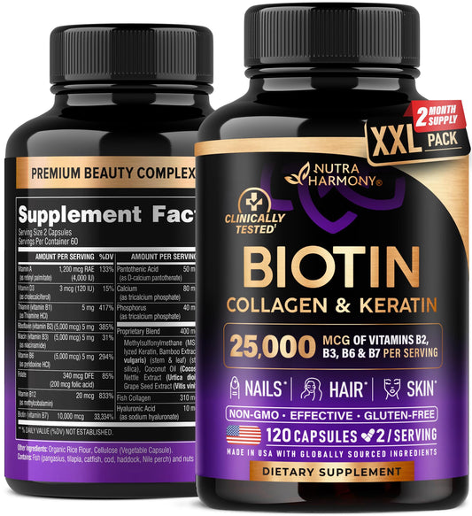 Biotin | Collagen | Keratin - Clinically Tested for Skin, Hair & Nail Support - 25,000 mcg per serving Vitamin B2, B3, B6 & B7 - Made in USA - Dietary Supplement | 120 Capsules, 2 Capsules / Serving