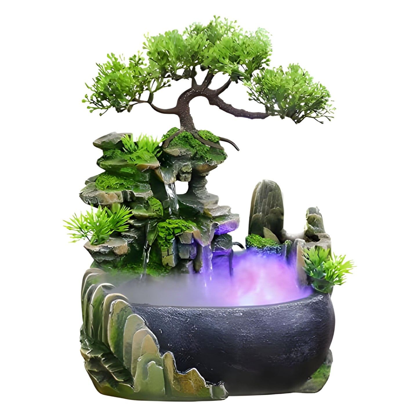 CYLLYKGIFT Tabletop Bonsai Tree Fountain with LED Lights, Rock Waterfall and Fog Mist(5pcs Natural Crystals Included)