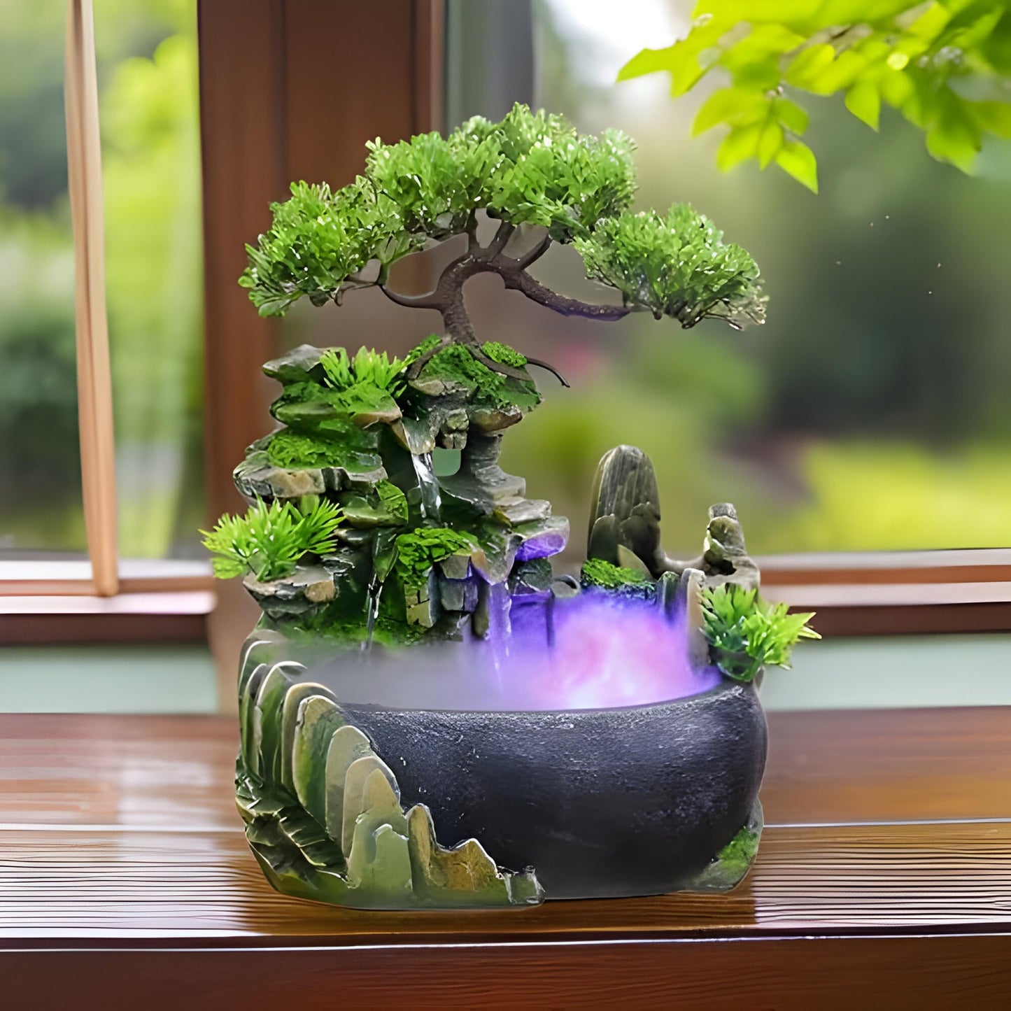 CYLLYKGIFT Tabletop Bonsai Tree Fountain with LED Lights, Rock Waterfall and Fog Mist(5pcs Natural Crystals Included)