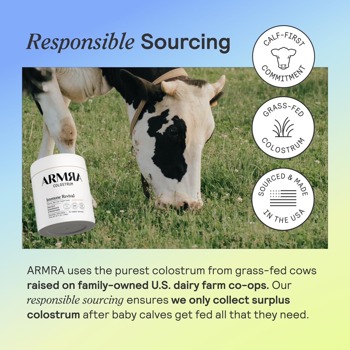 ARMRA Colostrum™ Premium Powder, Grass Fed, Gut Health Bloating Immunity Skin & Hair, Contains 400+ Bioactive Nutrients, Potent Bioavailable, Keto, Gluten & Fat Free (Blood Orange | 90 Servings)