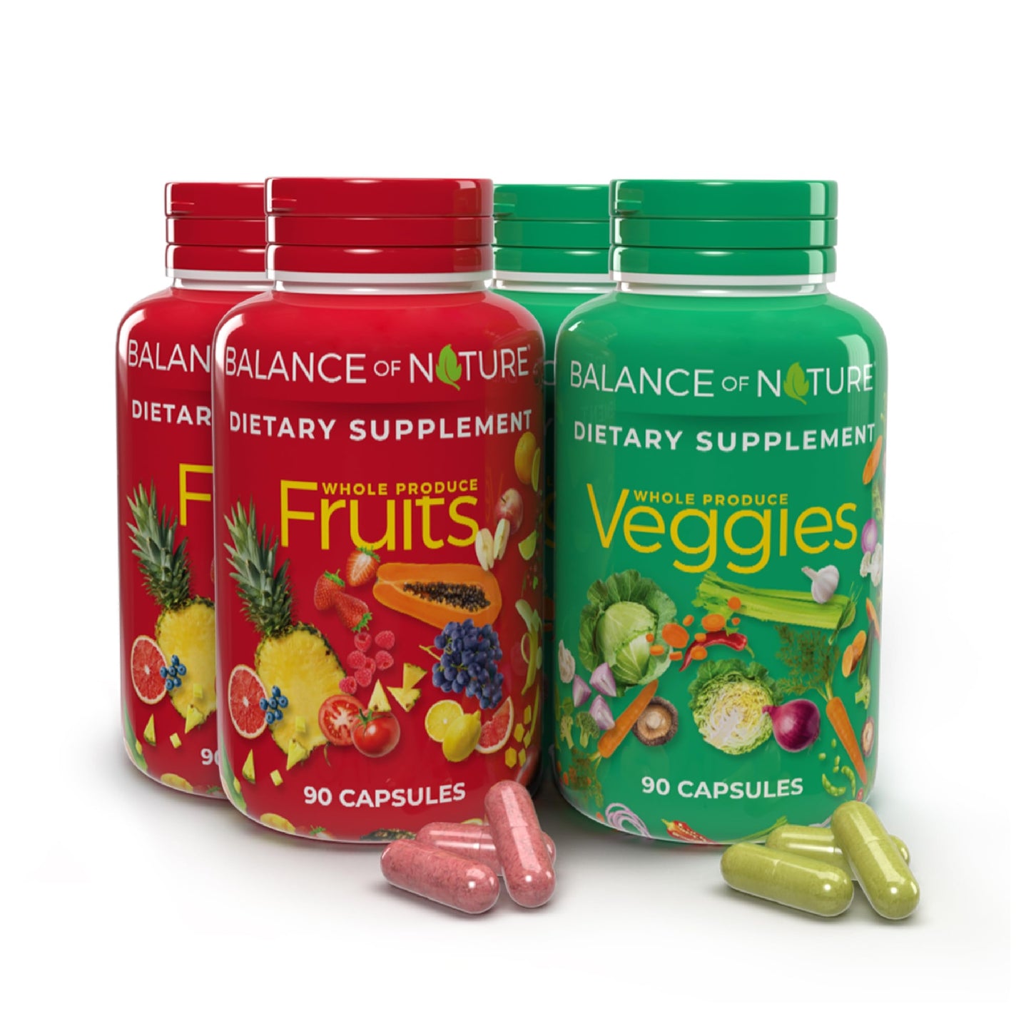 Balance of Nature Fruits & Veggies Supplements - Whole Fruit and Vegetable Ingredients for Women, Men, and Kids - 90 Fruit Capsules, 90 Veggie Capsules - 2 Sets