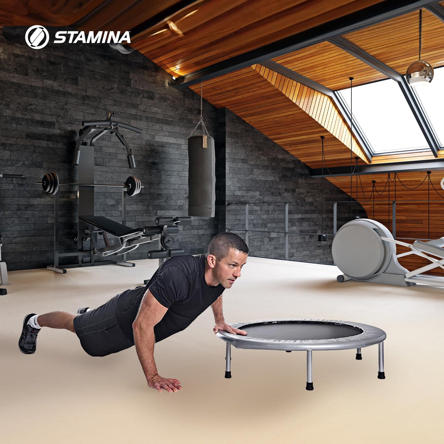 Stamina 36 Inch Durable Rugged Steel Frame Folding Trampoline with MUUV Coaching Audio App and 250 Pound Weight Capacity, Gray