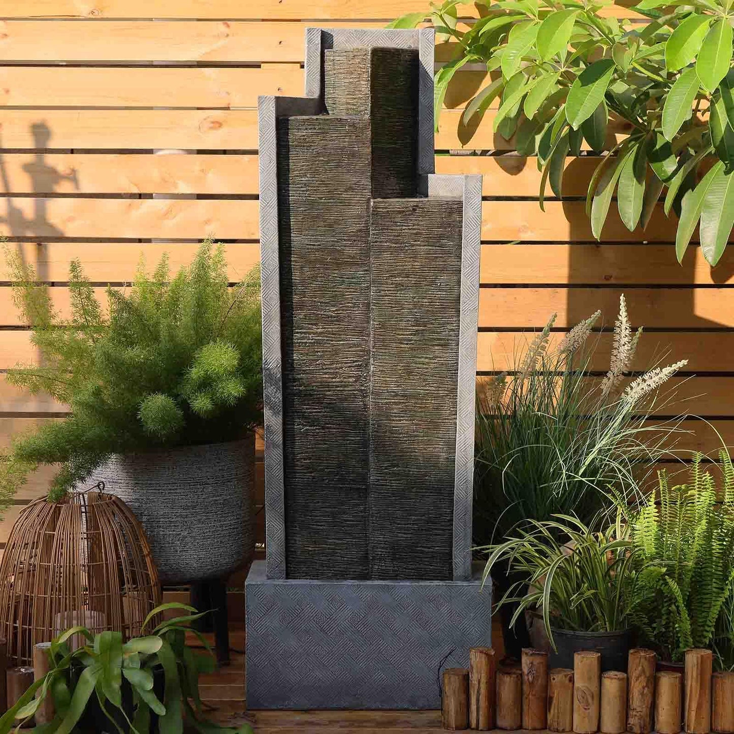 Waterfall Fountain Outdoor Garden Fountain - 49.6" H Outdoor Water Fountain Large Modern Indoor Floor Standing Outdoor Fountain with Lights Pump for Garden Patio Backyard Porch Home