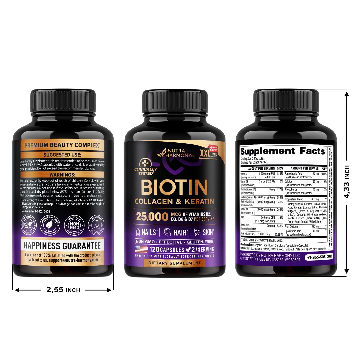 Biotin | Collagen | Keratin - Clinically Tested for Skin, Hair & Nail Support - 25,000 mcg per serving Vitamin B2, B3, B6 & B7 - Made in USA - Dietary Supplement | 120 Capsules, 2 Capsules / Serving