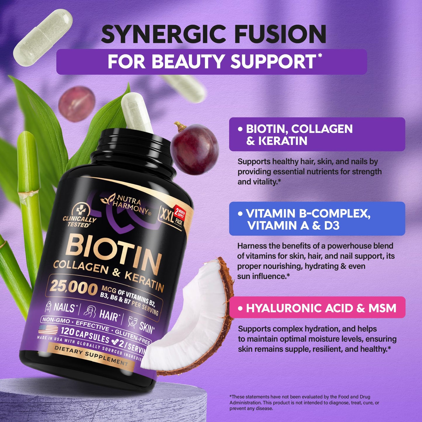 Biotin | Collagen | Keratin - Clinically Tested for Skin, Hair & Nail Support - 25,000 mcg per serving Vitamin B2, B3, B6 & B7 - Made in USA - Dietary Supplement | 120 Capsules, 2 Capsules / Serving