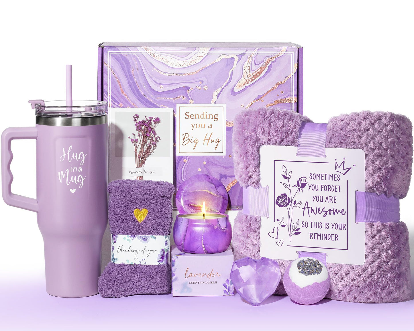 Birthday Gifts for Women Self Care Gifts Get Well Soon Gifts, Lavender Relaxing Spa Gift Basket Care Package w/ Flannel Blanket 40 OZ Tumbler, Anniversary Valentines Day Gifts for Her Wife Mom Friends